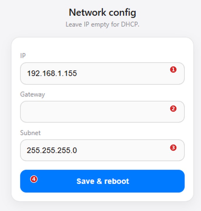 Страница Network config: поля IP, Gateway, Subnet и кнопка Save and reboot