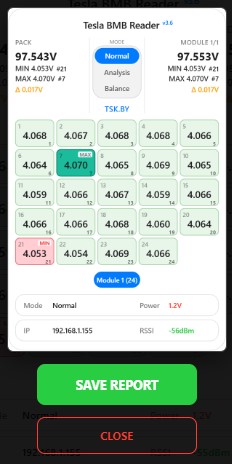 Превью отчёта по батарее Tesla с кнопками SAVE REPORT и CLOSE